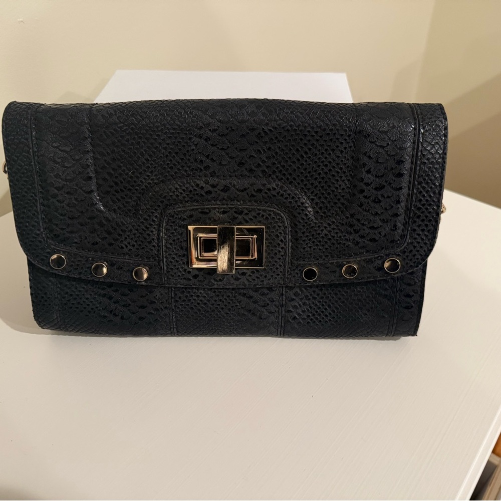 Cache Black Python-Embossed Convertible Clutch with Gold Hardware